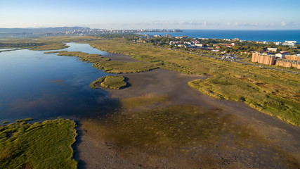 Aerial view of the city of Anapa and Lake Chemburskoe. Krasnodar region. Russia