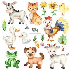 Watercolor set with farm animals donkey, goat, cat, dog, frog, goose, rooster, chicken, sunflower, tree