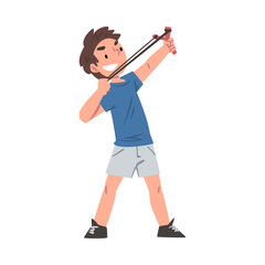 Boy Shooting a Slingshot, Bad Child Behavior Cartoon Style Vector Illustration on White Background