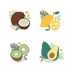 Hand drawn tropical and exotic fruits isolated on white background in unique trendy organic style. Vector illustration for menu design, packaging, cooking book. 