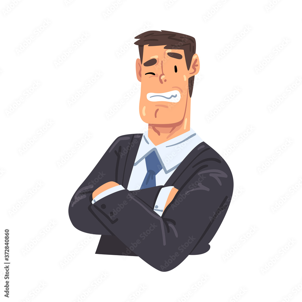 Poster surprised businessman character standing with folded hands, office worker character in formal style 