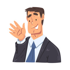 Businessman Waving his Hand, Funny Office Worker Character in Formal Style Clothes, Business Avatar Cartoon Style Vector Illustration
