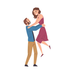 Happy Young Man Holding his Beautiful Girlfriend By Waist Raising her Up, Romantic Loving Couple Cartoon Style Vector Illustration