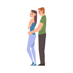 Happy Young Man Hugging his Girlfriend, Side View of Romantic Loving Couple Cartoon Style Vector Illustration