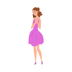 Beautiful Young Woman In Love, Happy Charming Girl Character in Pink Dress Cartoon Style Vector Illustration