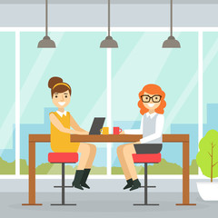Coworking Space with Two Smiling Businesswoman Sitting at Desk, Business Team Working Together in Coworking Open Office Vector Illustration