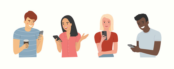 Different young people look into the smartphones. Vector flat cartoon style  illustration