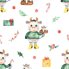 Watercolor seamless christmas pattern with the symbol of the year, cute bull with sweets, gifts, holly