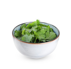 Fresh green parsley in bowl isolated on white