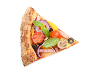 Slice of delicious pizza isolated on white, top view