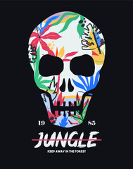Colorful skull in black canvas.Tee shirt design with leaf vector. Typography Graphics. T-shirt printing design for sportswear apparel.