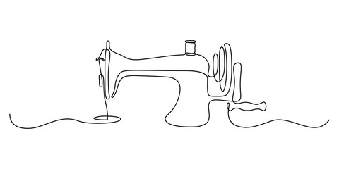 Sewing machine in continuous line art drawing style. Abstract old style sewing-machine for atelier or tailor sign design. Minimalist black linear sketch on white background. Vector illustration - obrazy, fototapety, plakaty