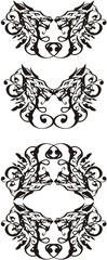 Dragon frame and double dragon symbols. Abstract twirled symbols of dragons with feathers elements for tattoo, emblems, labels, embroidery, prints, etc. Black on White