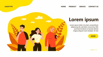 Group of people eating fast food outside. Takeaway drink, burger, snack flat vector illustration. Unhealthy habit, risk, lifestyle concept for banner, website design or landing web page