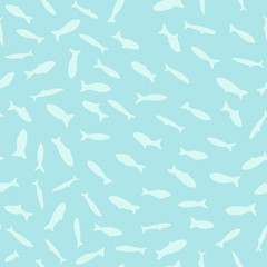 Light palette seamless pattern with sea school silhouettes. White fish little ornament with turquoise background.