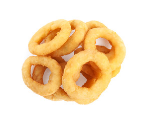 Delicious onion rings isolated on white, top view