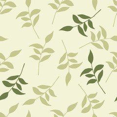 Minimalism seamless pattern with fall branch leaves. Light beige background. Floral simple backdrop.