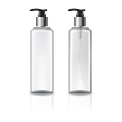 white and clear square cosmetic bottle with silver pump head for beauty or healthy product.