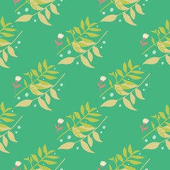 Bright seamless spring pattern with floral ornament. Forest brunch bouquets in green and yellow tones on turquoise background.