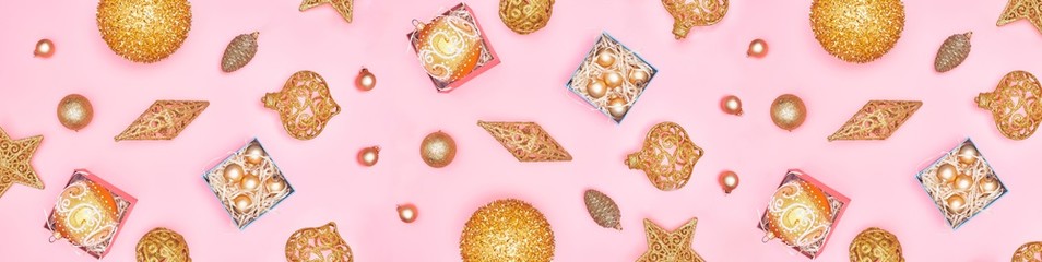 banner golden christmas decoration on pastel pink background, layout