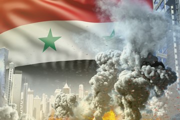 large smoke pillar with fire in the modern city - concept of industrial accident or act of terror on Syrian Arab Republic flag background, industrial 3D illustration