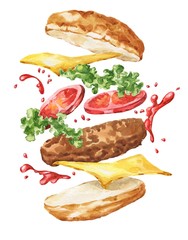 Hand drawn watercolor burger isolated on white background. Watercolour flying fast food illustration.