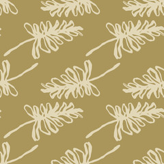 Autumn contoured branches seamless doodle pattern. Beige outline ornament on light brown background.
