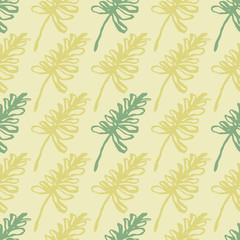 Spring contoured yellow and green branches seamless pattern. Light pastel background.
