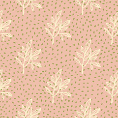 Tender seamless botanic figures seamless pattern. Yellow contoured shapes on soft pink dotted background.