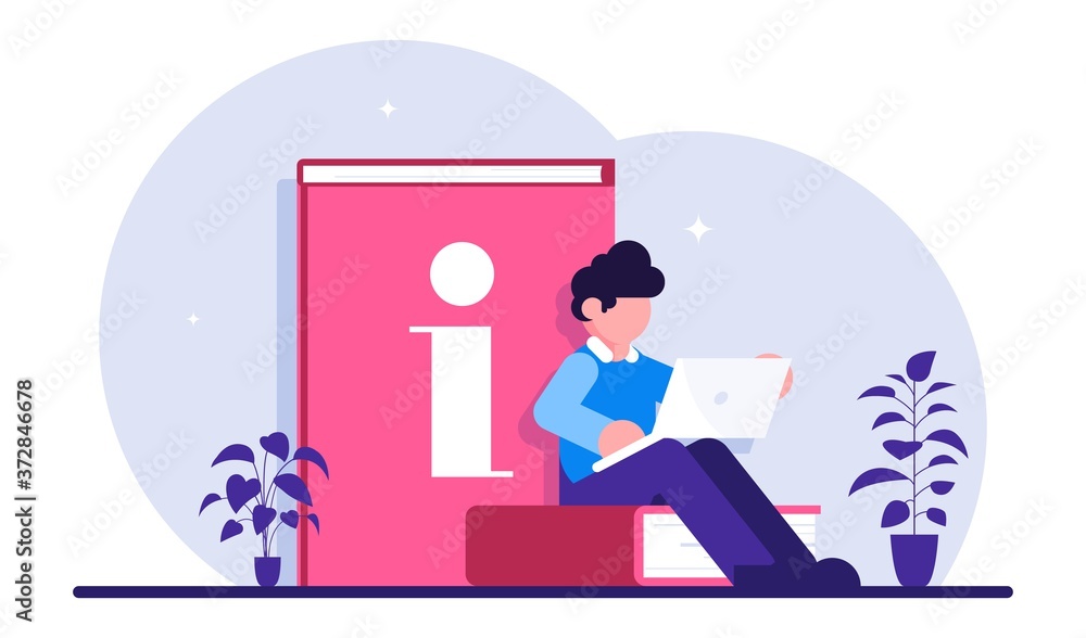 Poster guides online version. man sitting on a book is studying manuals using a laptop. modern flat vector 