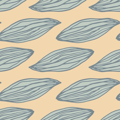 Pastel blue contoured abstract leaves seamless pattern. Beige background. Stylized floral print.