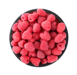 Delicious fresh ripe raspberries in bowl isolated on white, top view