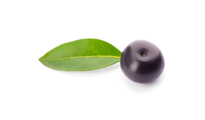 Fresh ripe acai berry with leaf isolated on white