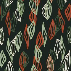 Bright green and red tones leaf outline silhouettes seamless pattern. Black background. Simple floral backdrop.