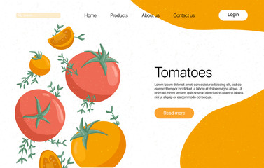 Vector tomatoes landing page template with text space. Cherry tomatoes and rosemary cartoon illustration.
