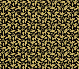 Floral vector black and golden ornament. Seamless abstract classic background with flowers. Pattern with repeating floral elements. Ornament for fabric, wallpaper and packaging