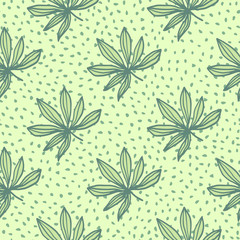 Simple cannabis ornament with green outline leaves. Light yellow background with dots.
