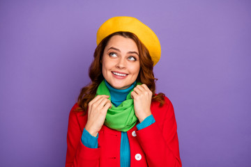 Close-up portrait of her she nice-looking attractive lovely charming winsome dreamy cheerful wavy-haired girl fixing scarf creating idea isolated over violet lilac purple pastel color background
