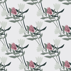 Seamless botanic pattern with bouquet silhouettes. Light background. Simple spring backdrop in pastel tones.