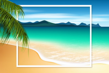 Obraz premium Sand beach landscape. Tropical sea coast background. Summer frame vector illustration