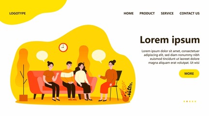 Group therapy conversation. Men and women sitting on couch together, discussing addiction problems with psychologist. Can be used for support session, counseling concept