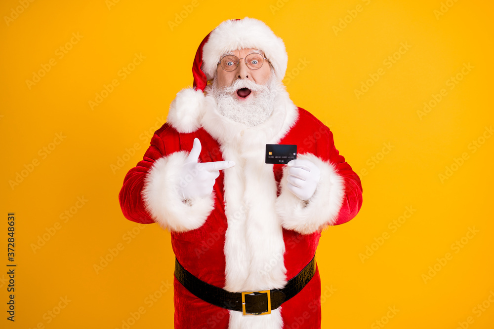 Wall mural grey white beard hair santa claus big belly point finger credit card impressed x-mas eve noel magic 