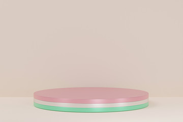3d illustration with geometric pastel cylinder podium platform for cosmetic pedestal product presentation.Mock up design empty space. Abstract composition in pastel background modern style
