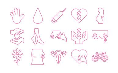 bundle of fifteen breast cancer set icons