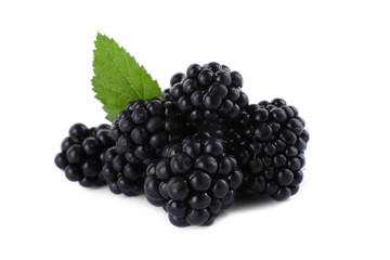 Tasty ripe blackberries and leaf on white background