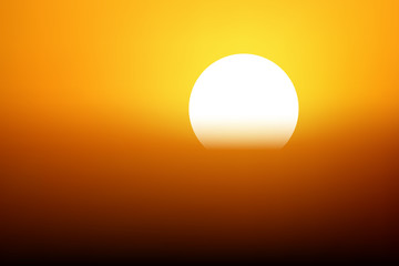 Sunset scene background. Sundown in golden, yellow, orange colors. Sun disappearing in haze. Vector illustration