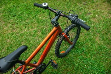 Fototapeta na wymiar Sports children's bike on the green grass in summer