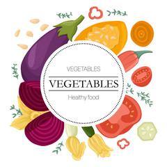 Vector vegetables, tomatoes, avocado, bell peppers, zucchini, pumpkin, eggplants, beetroot round background.