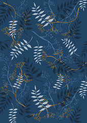 Fototapeta na wymiar Floral pattern with gold and blue leaves