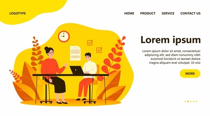 Female teacher checking task of student. Teenager learning with tutor flat vector illustration. Education and examination concept for banner, website design or landing web page